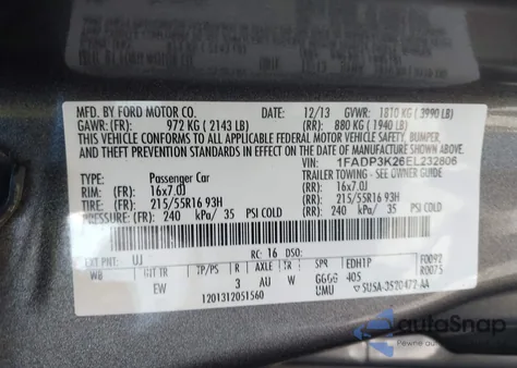 2014 Ford Focus Se z USA, uszkodzony, nr VIN 1FADP3K26EL232806